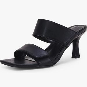 Ermonn Womens Two Strap Heeled Sandals Velcro Slip On Square Open Toe Stiletto